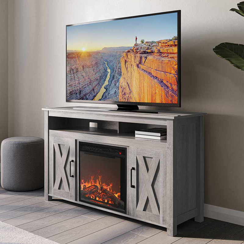 Pizano 47.65'' Credenza Modern 48" Barn Door Wood TV Stand with 18" Electric Fireplace Heater & Media Entertainment Center