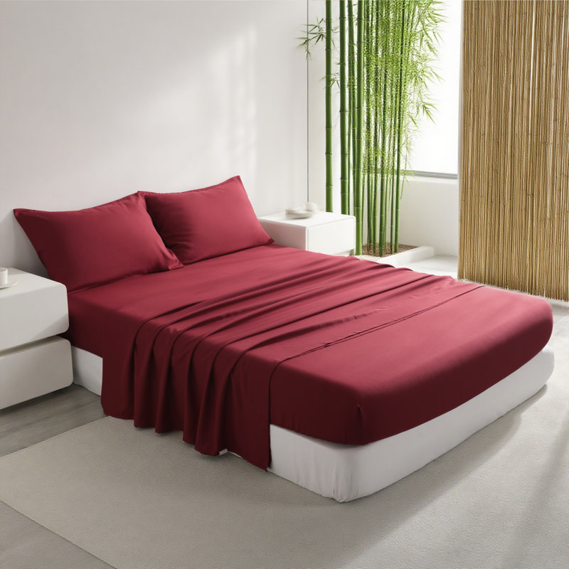 Ensemble de draps en bambou Cooling, Vin rouge, Ensemble de draps pour lit simple avec 1 taie d'or