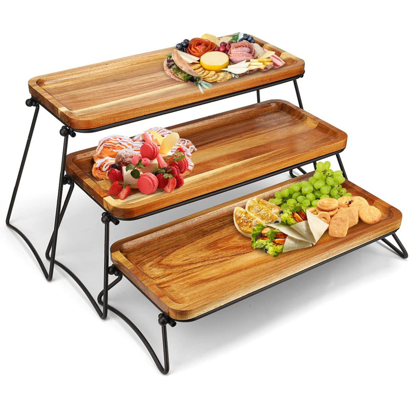 Acacia Wood 3-Tier Serving Tray with Metal Stand