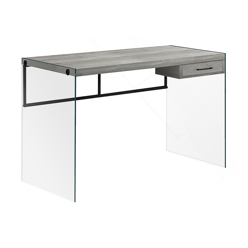 Bureau d'ordinateur moderne avec cadre en verre trempé, tiroir de rangement et aspect bois récupéré pour une efficacité de bureau à domicile.
