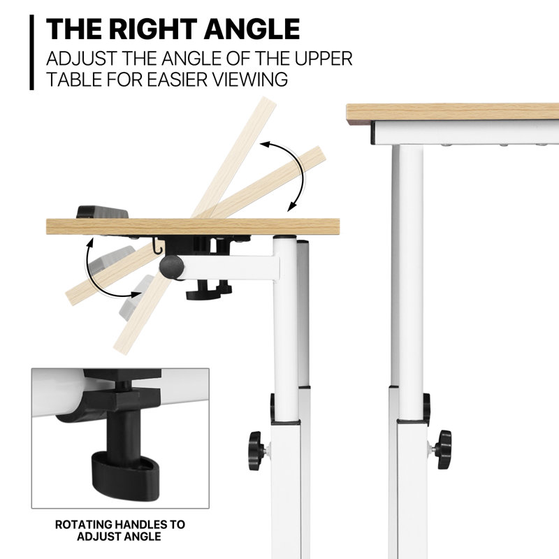 Mobile Computer Desk, Adjustable Height Laptop Standing Desk with Tilting Tabletop and Monitor Shelf, Natural/White