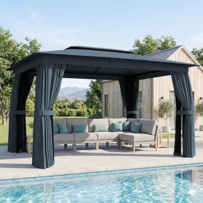 Pavillon de jardin extérieur 10 pi x 12 pi, abri à toit souple avec rideaux, filet en maille, structure en acier et crochets de plafond