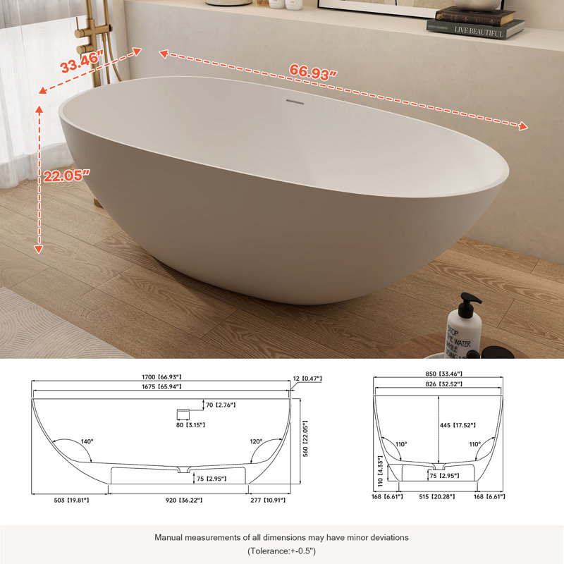 66.93“Free Standing Tub,Solid Surface Soaking Bathtub
