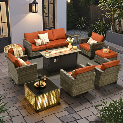 Allcot 7 - Person Wicker Outdoor Conversation Set, Patio Swivel Chair Set with Lighted Coffee Table and Cushions