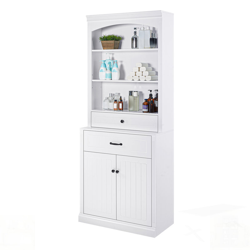 Bathroom Storage Cabinet With Four Doors, Drawers, Adjustable Shelf & Six Open Shelves – Durable MDF Construction
