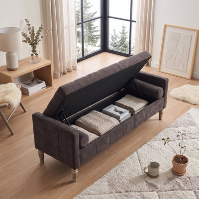Versatile Flip-Top Upholstered Storage Bench with Armrests & Bolster Pillows | Multi-Functional Footrest, Seating, and Hidden Storage for Living Room, Bedroom, Entryway