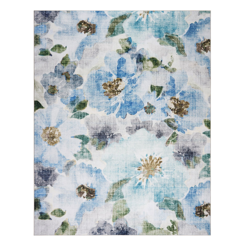 HGTV Chubbuck Machine Washable Indoor Rug, Printed Soft Flannel Polyester with Non-Slip Backing, Jania Blue 8x10, Blue