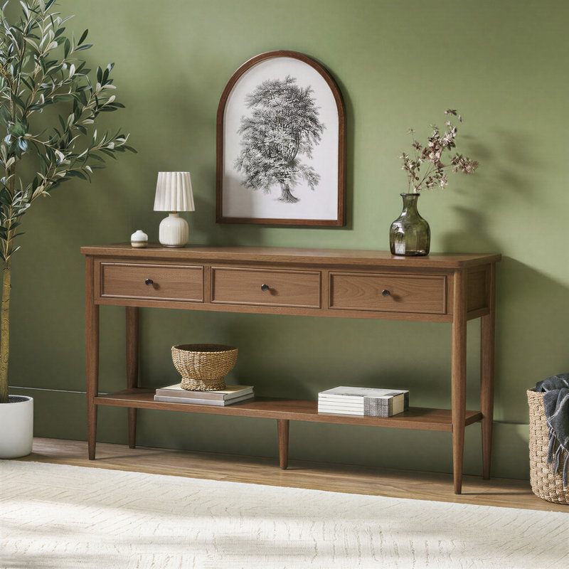 Modern Entry Table with Drawer Storage, Medium Brown Oak