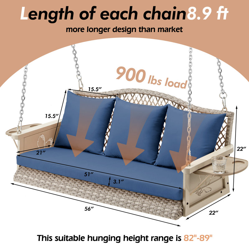 Jolliff Porch Swing, 900lbs High Load, Comfy Unique Design, Grey, Blue