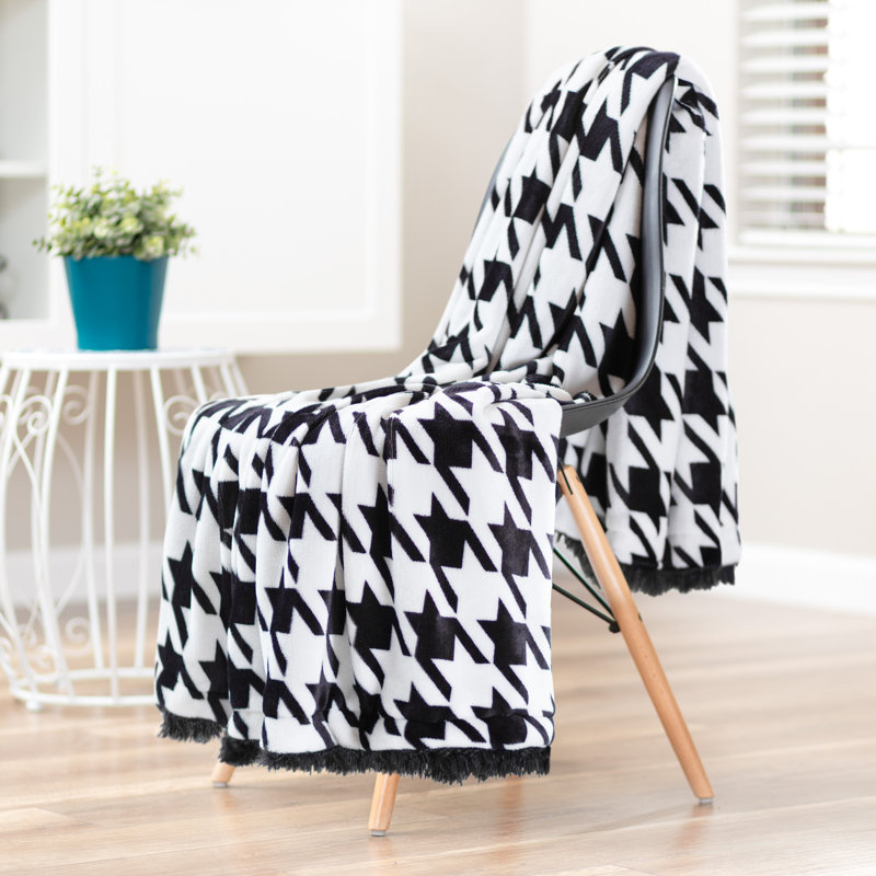 Jeté en flanelle Chansya Longfur Houndstooth, Noir