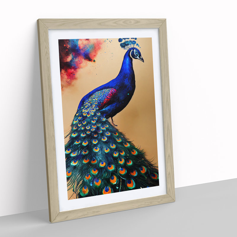 Vivid Peacock - Wall Art, 48cm H x 36cm W x 2cm D, Oak Framed Paper, White
