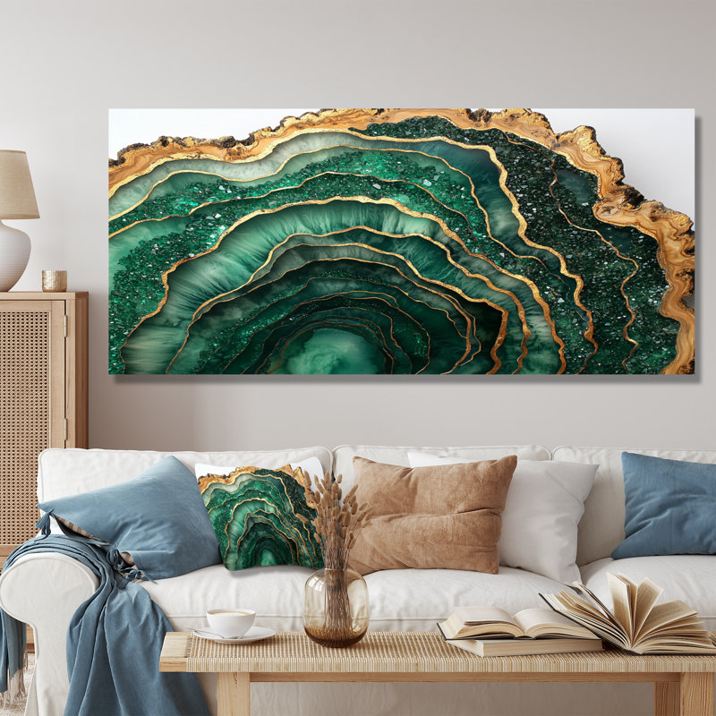 Émeraude et rivière de cristal sur glissoire en bois IV - cristaux, art mural, H 28 po x l 60 po, Toile tendue