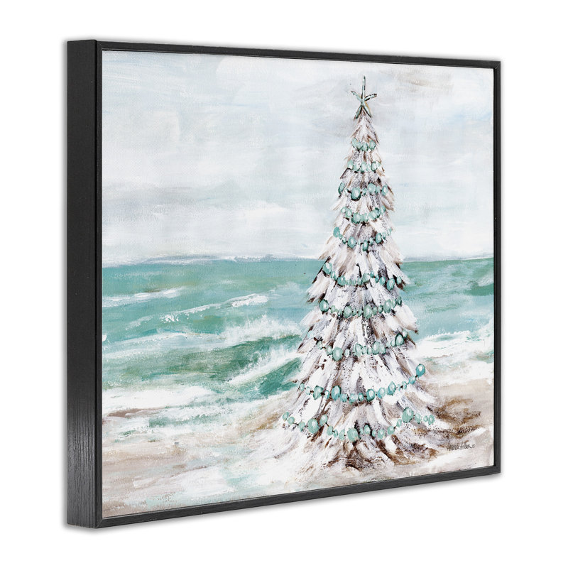 «Snowy Christmas Tree on Beach», estampe numérique encadrée par Amanda Hilburn, Giclée encadrée noir minuit
