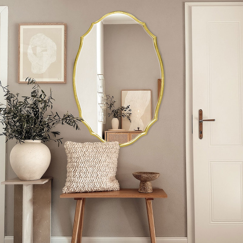 Classic Scalloped Mirror with Wooden Frame for Bathroom or Entryway, Gold