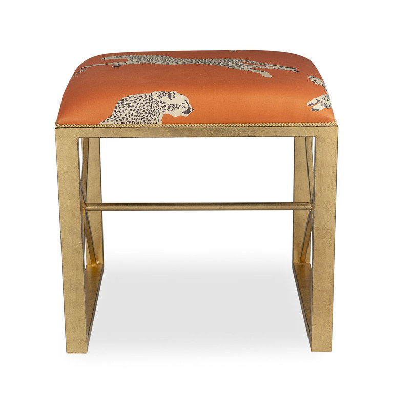 Scalamandre Upholstered Dining Bench, Clementine Orange/Antiqued Gold, Clementine Orange