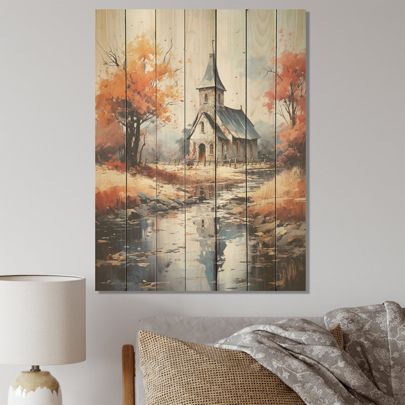 «Countryside Chapel In USA III» - Église sur impression sur bois, H 20 po x l 10 po