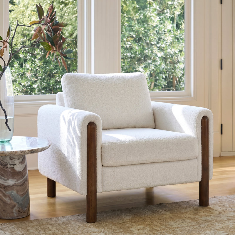 Arora Mid-Century Modern Teddy Fabric Upholstered Accent Chair with Solid Wood Legs and Cushioned Back, White