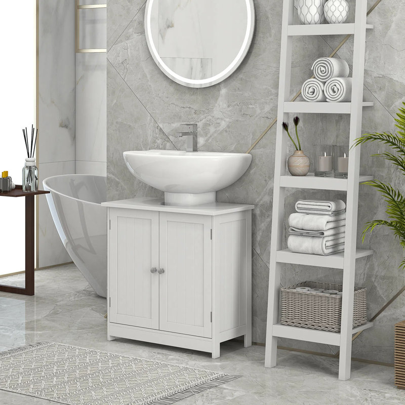 Under Sink Bathroom Cabinet, Pedestal Sink Vanity With Double Doors Sturdy Mdf Construction Weight Bearing Design Compact Organizer For Bathroom Toilet Daily Toiletry Storage