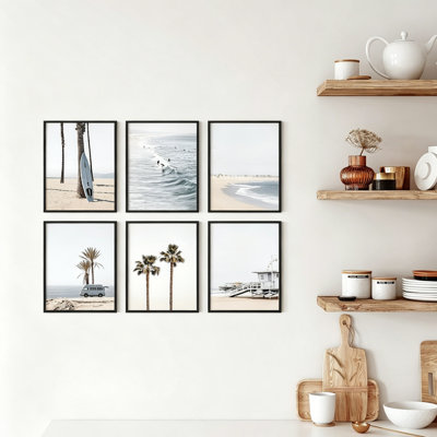 Coastal Beach & Palm Tree Wall Art, 6 Pieces with Black Framed, 8 x 10 Inch, for Living Room & Beach House
