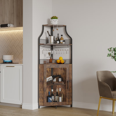 Armoire de bar à vin en L à DEL en forme de L, buffet de bar autoportant à 5 niveaux avec éclairage à DEL RVB, tablettes réglables, support en verre et support à vin amovible, armoire de rangement en panneau de fibres à densité moyenne pour salle à manger