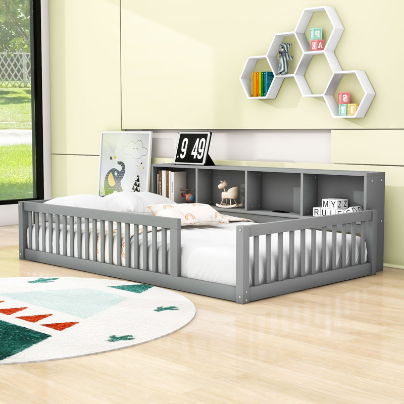 Keidi Modern Floor Bed with Storage and USB Ports, Gray