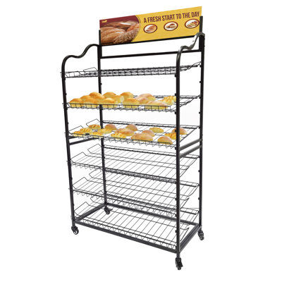 Wide Metal Bakery Display Rack on Wheels, 6 Shelves with Header Holder, 39.5" W x 18.5" D x 67.8" H