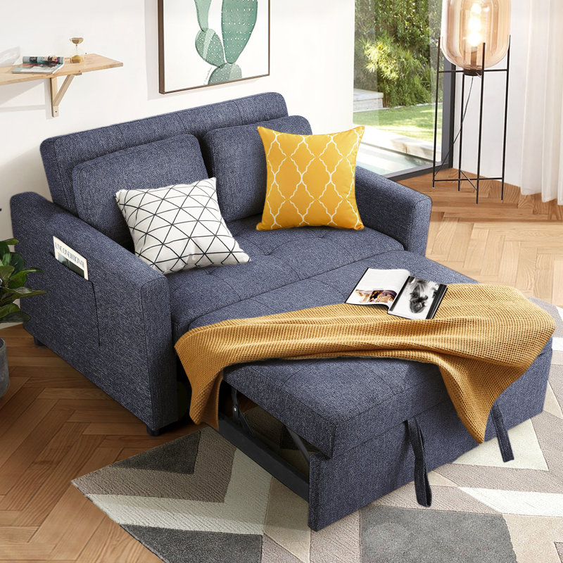 Vadims Upholstered 48.5'' Reclining Sleeper Sofa, Blue Linen