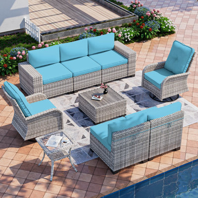 Ensemble de mobilier d'extérieur 9 pièces avec canapé pivotant en osier, fauteuil de conversation avec coussins épaissis et table basse pour jardin, cour et bleu marine