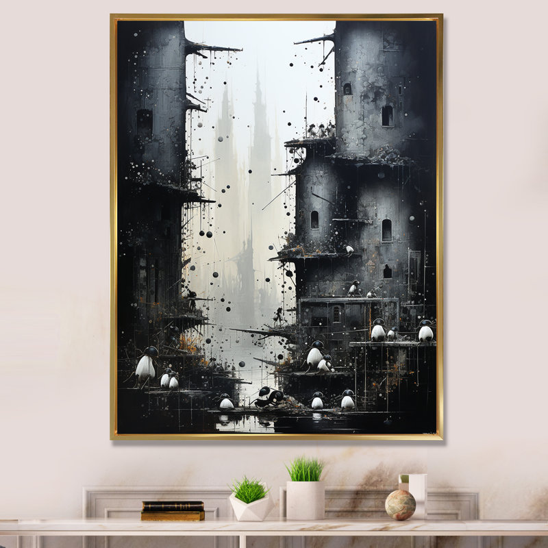 Art urbain sur toile, impression de paysage urbain gothique urbain, Cadre flottant doré, H 44 po x l 34 po x P 1,5 po