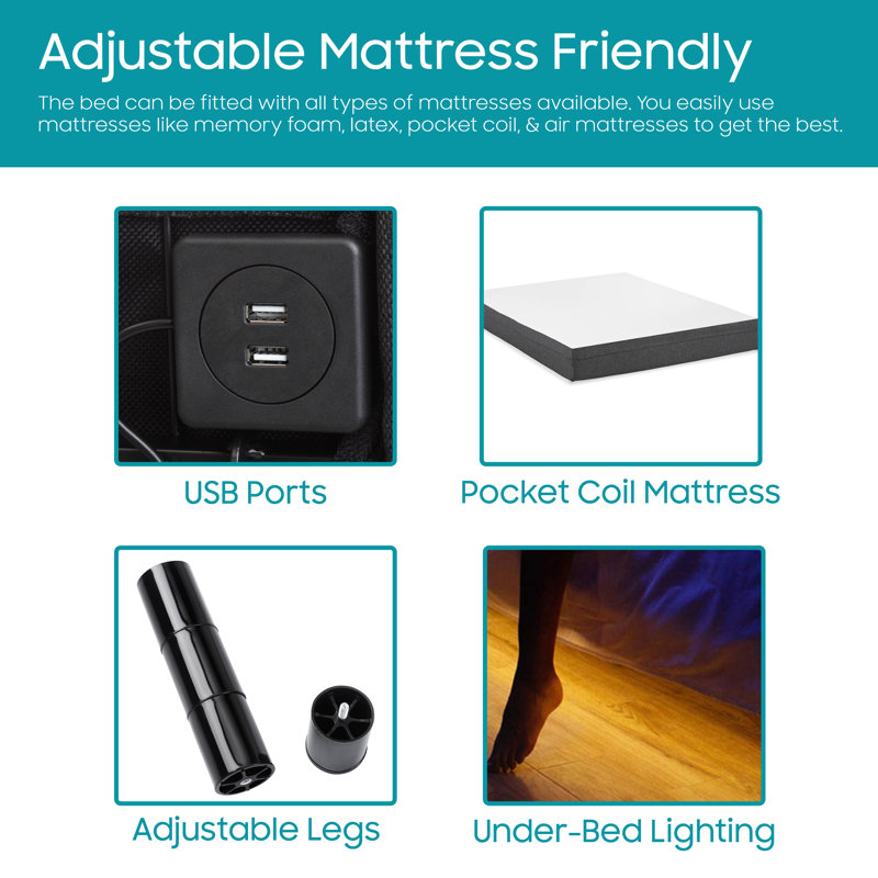 Base de lit convertible avec tête de lit Saari, télécommande sans fil, matelas inclus, ports de chargement USB, beige
