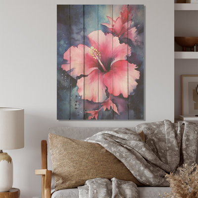 «Tropical Floral Hibiscus Beauty I», art mural en bois d'hibiscus sur bois de pin naturel