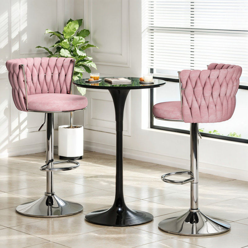 2 chaises de bar roses: dossier tissé, hauteur réglable, rotation à 360 degrés, repose-pieds stable, base circulaire en métal