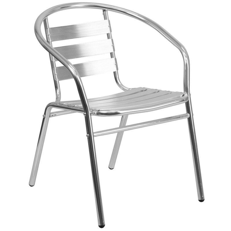 Johannette Round Aluminum Indoor-Outdoor Restaurant Dining Table Set with 4 Slat Back Chairs, 27.5" D x 27.5" W x 27.25" H