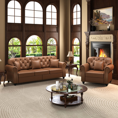 Canapé rembourré en similicuir avec garniture cloutée et accoudoirs roulés, canapé Chesterfield moderne de style Mid-Century capitonné, comprend 4 coussins, brun