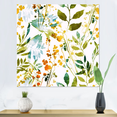 Fleurs printanières et feuilles sur fond blanc - peinture sur toile