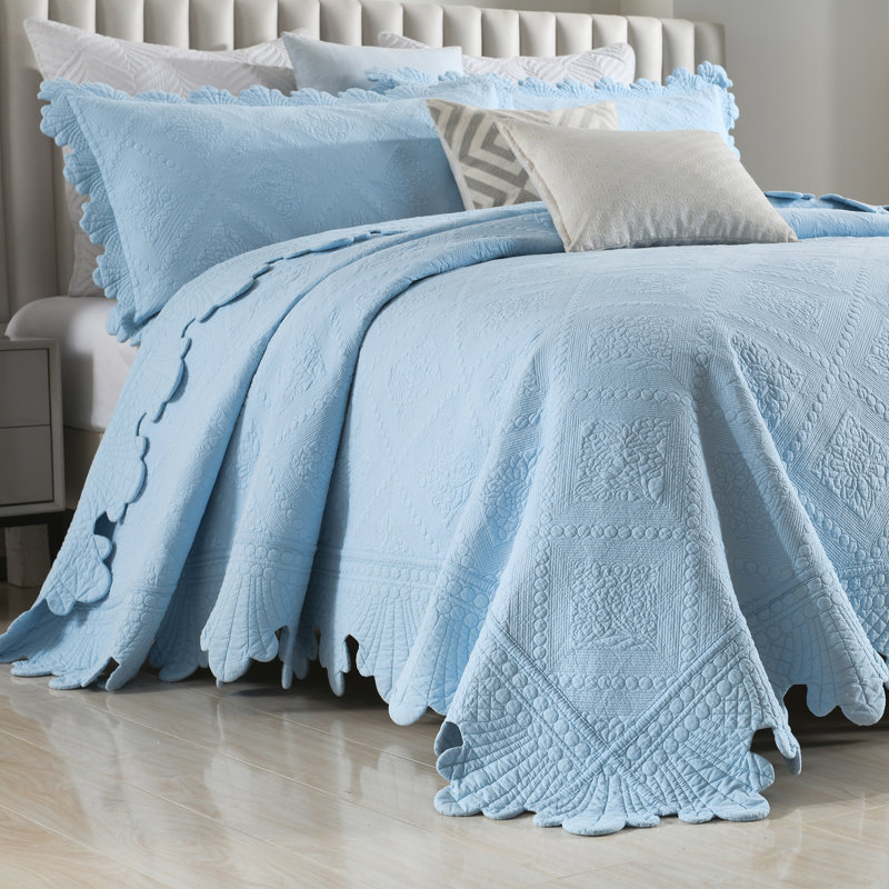 Light Blue Cotton Queen Reversible Bedspread Set