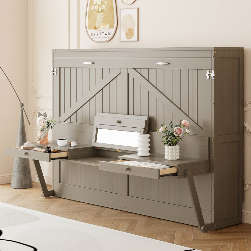  Grand lit escamotable mural avec bureau de coiffeuse pliable, miroir et tablettes de rangement, gris vieilli, Gris