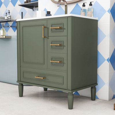 Meuble-lavabo de salle de bain avec lavabo en céramique, tiroirs de rangement et porte