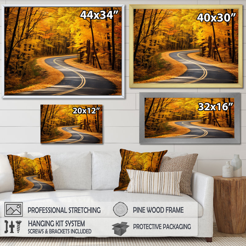 «Golden Road Into The Autumn Forest II - Road», art mural, H 12 po x l 20 po x P 1 po, Cadre d'angle fermé noir