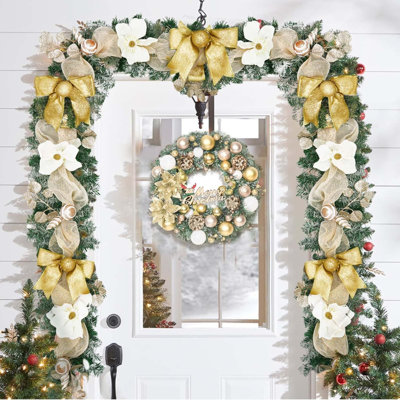 Décorations de guirlande de Noël, guirlande de Noël de luxe 5,9 pi pour manteau de cheminée, guirlande de Noël floquée avec rubans dorés Magnolia pour la table de foyer de porte d'entrée