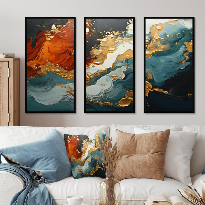 Tempête de marbre bleu et doré I - art mural abstrait, H 28 po x l 36 po x P 1 po, Cadre flottant noir