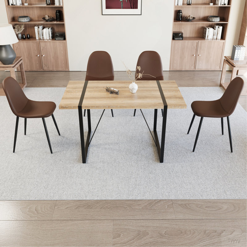 Ensemble de table de salle à manger Mid-Century moderne en bois aggloméré avec 4 chaises en cuir, base en métal