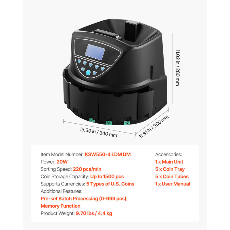 USD Coin Sorter with Screen Display Holds up to 2000 Coins 5 Coin Tubes