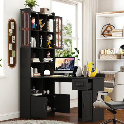 Bureau d'ordinateur d'angle en L pour bureau à domicile ou bureau d'étude, table d'étude de style moderne avec tiroirs, bibliothèque et huche, conception en L 2 en 1, grand espace de travail