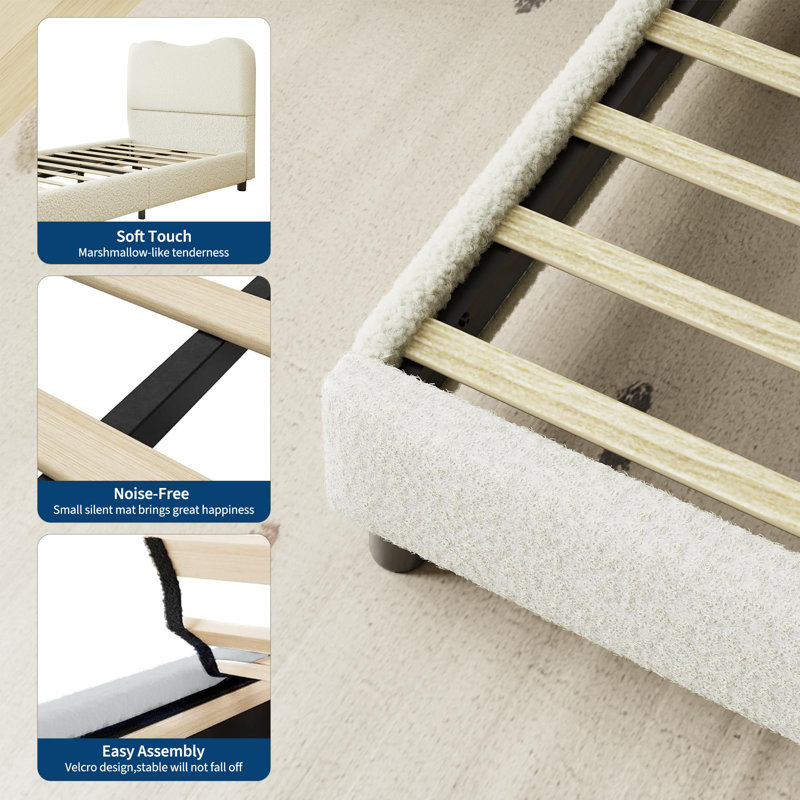 Structure de lit beige avec tête de lit tapissier et coins arrondis, Grand