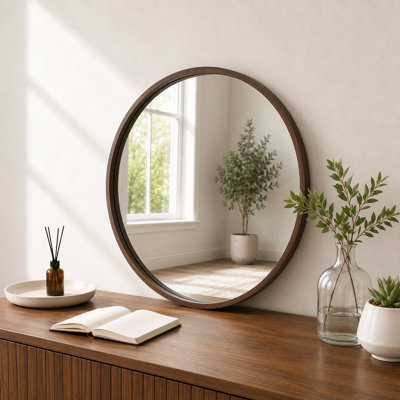 Farmhouse Round Wall Mirror with Wood-Grain Finish Aluminum Frame and Tempered Mirror