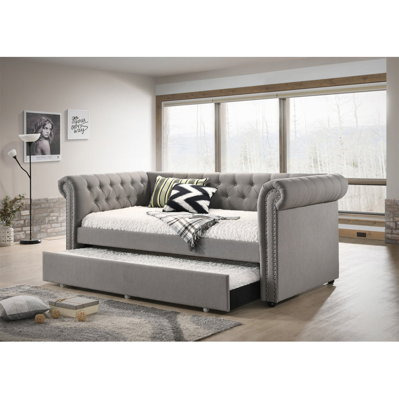 Luxurious 1Pc Modern Aesthetic Beautiy Button Tufted Nailhead Trim Design Daybed Built-In Pull-Out Trundle Bed Living Space Guest Room Bedroom Dove Gray