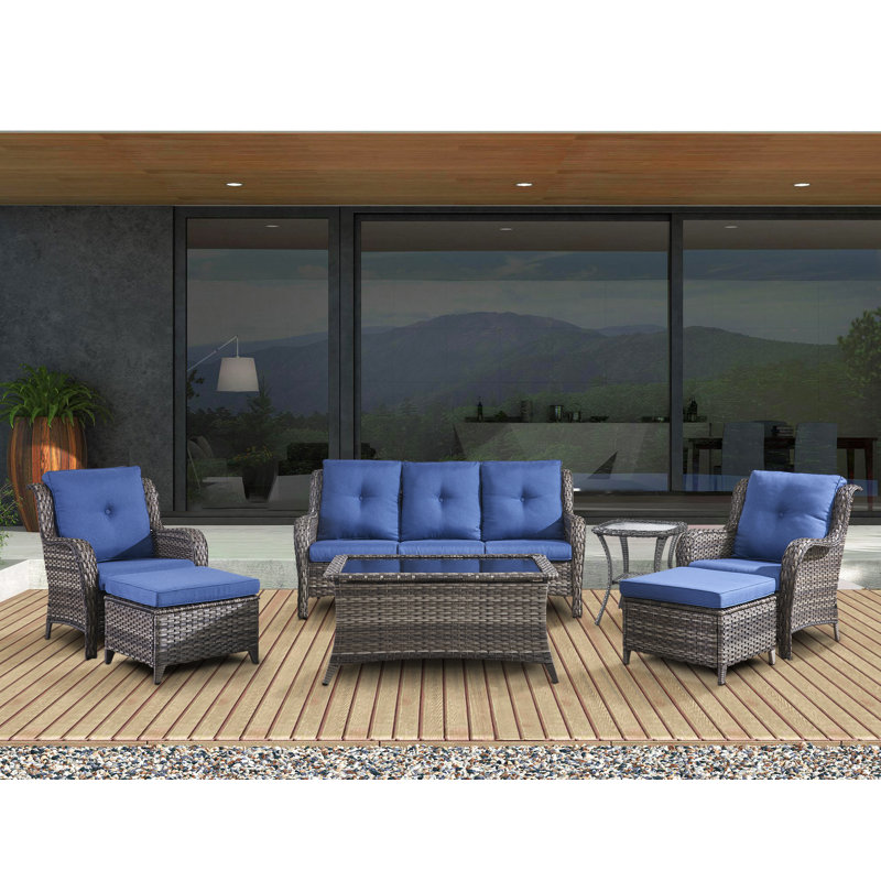 Schutt Wicker 5 - Person Patio Conversation Set with Cushions, Blue, Gray