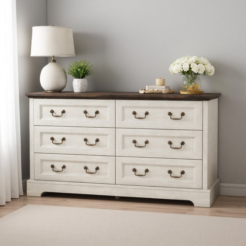 Commode 6 tiroirs Farmhouse, commode en bois rustique avec poignées en métal, large meuble télé avec commode pour la chambre