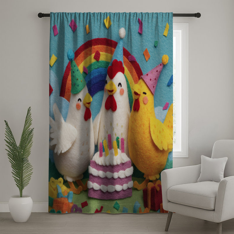 Felt Chickens Birthday Cake Window Curtains, Chickens Sheer & Blockout Curtains - 1 Panel, Blockout, 50" x 92" - 1 Panel